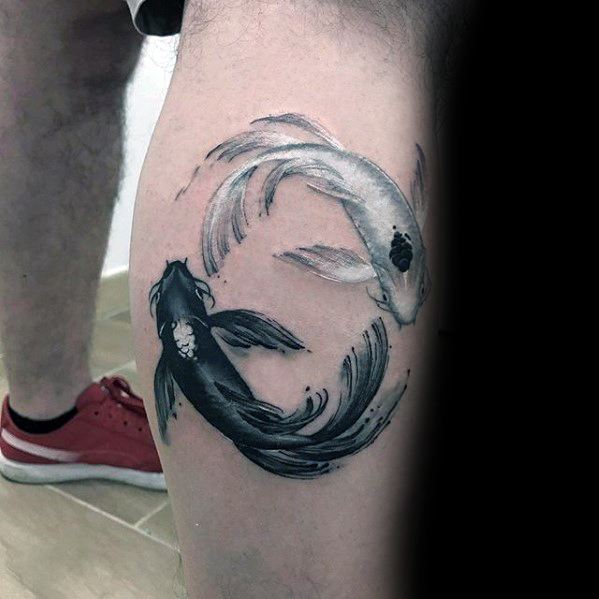 Manly Watercolor Paint Brush Stroke Leg Yin Yang Koi Fish Tattoo Design Ideas For Men