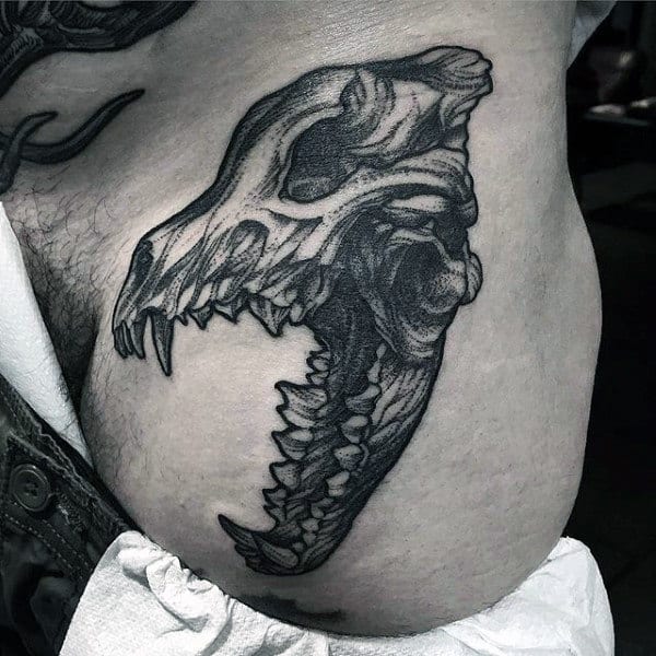 Manly Wolf Skull Rib Cage Side Male Tattoos
