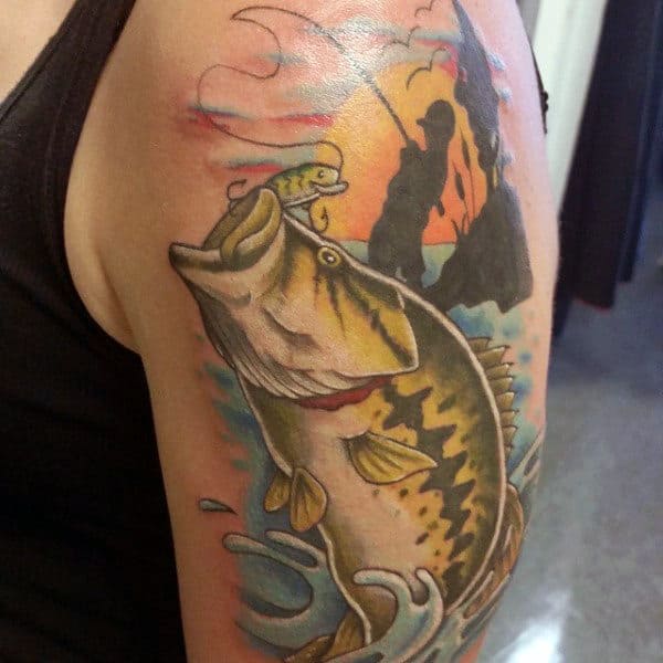 Mans Gone Fishing Bicep Tattoo With Great Shading