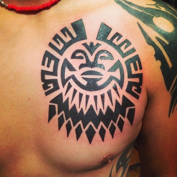 Maori Male Tribal Sun Upper Chest Tattoo Design Idea