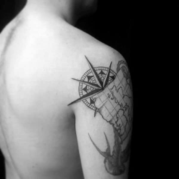 Map With Nautical Star Male Upper Arm Tatoo