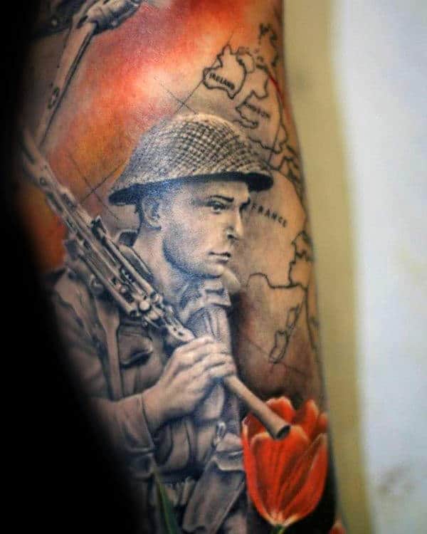 Map With Solider Ww2 Mens Sleeve Tattoo