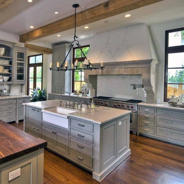 limestone hood with elegant gray kitchen with white apron sink