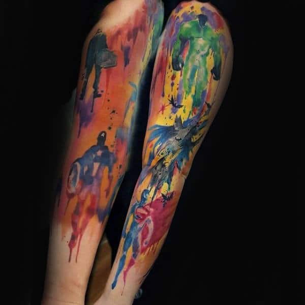 Marvel Comics Watercolor Themed Captain America Superhero Mens Sleeve Tattoo