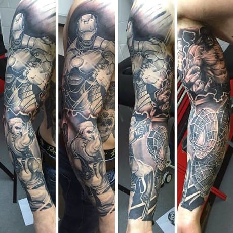 Marvel Guys Shaded Black And Grey Superhero Themed Full Arm Sleeve Tattoos