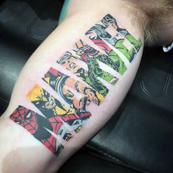 Marvel Lettering Mens Superhero Word Inner Arm Bicep Tattoo