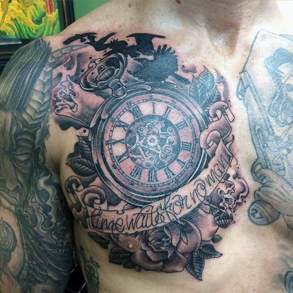 Marvellous Pocket Watch Tattoo With Label On Chest For Guys