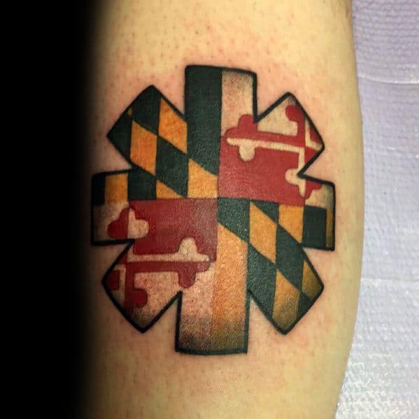 Maryland Tattoo was done by Juan Carlos Garcia  Awesome artist contact him  on instagram Juangbodyart bh  By Maryland Pride Forever  Facebook