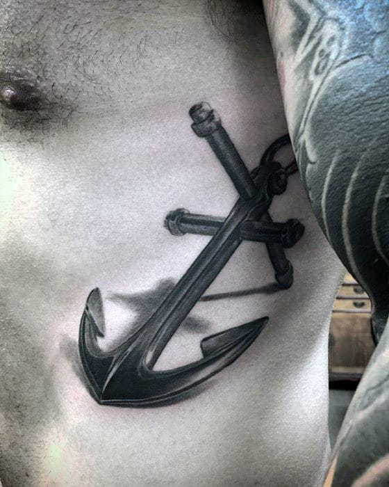 Masculine 3d Anchor Rib And Chest Mens Tattoos