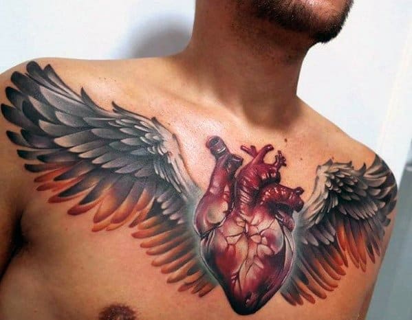 Masculine 3d Heart Wings Tattoos For Men On Chest