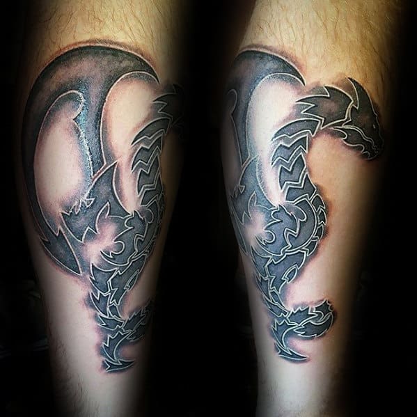 Masculine 3d Tribal Dragon Leg Tattoos For Men