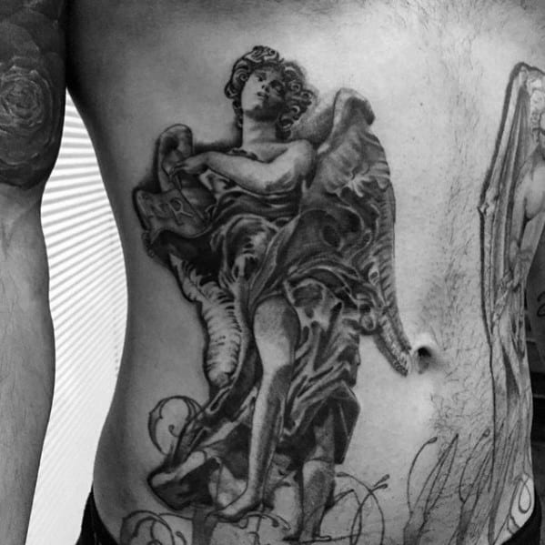 Masculine Angel Statue Tattoos For Men On Rib Cage Side Of Body