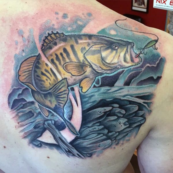 Masculine Back Tattoo Of Bass Jumping Out Of Water
