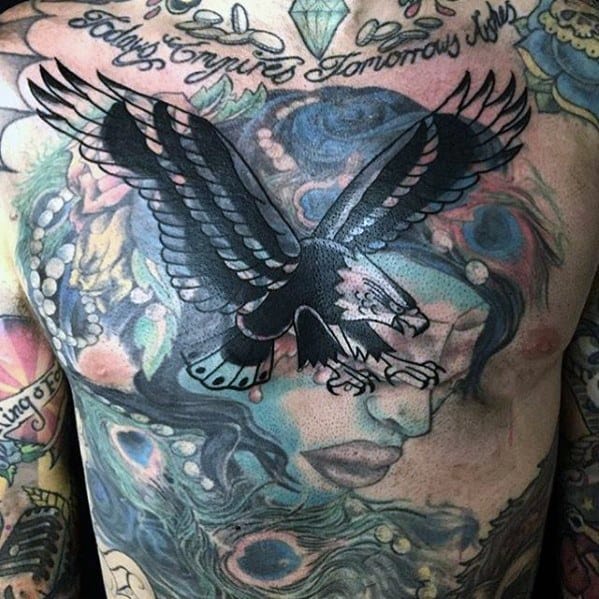 Masculine Bald Eagle Blast Over Chest Tattoos For Men