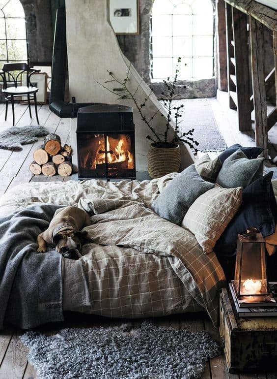 Masculine Bedding Ideas With Fireplace