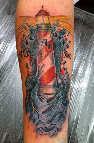 Masculine Blue Lighthouse Mens Tattoo Forearm