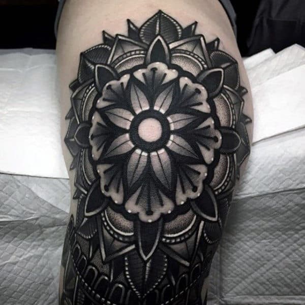 Masculine Bold Knee Black Ink Guys Floral Tattoos