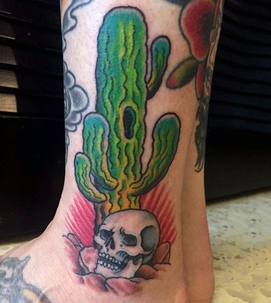 Masculine Cactus And Skull Male Ankle Tattoo