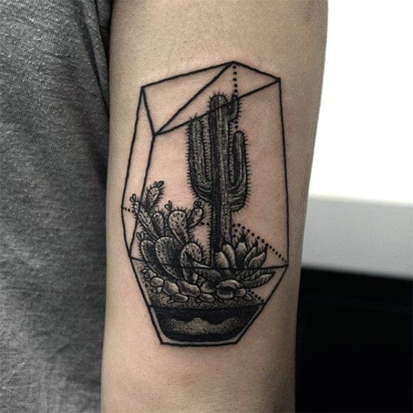 Masculine Cactus In Glass Dome 3d Tattoo Design