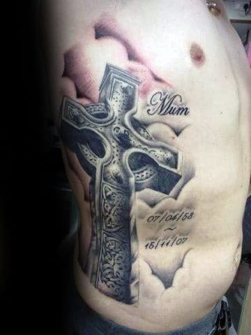 Masculine Celtic 3d Cross Rib Cage Side Tattoo For Males