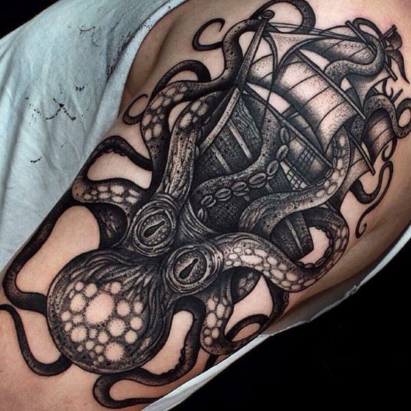 Masculine Dotwork Kraken Upper Arm Tattoos For Guys