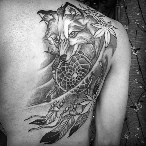 Masculine Dreamcatcher Back Tattoos For Guys With Japanese Leaves