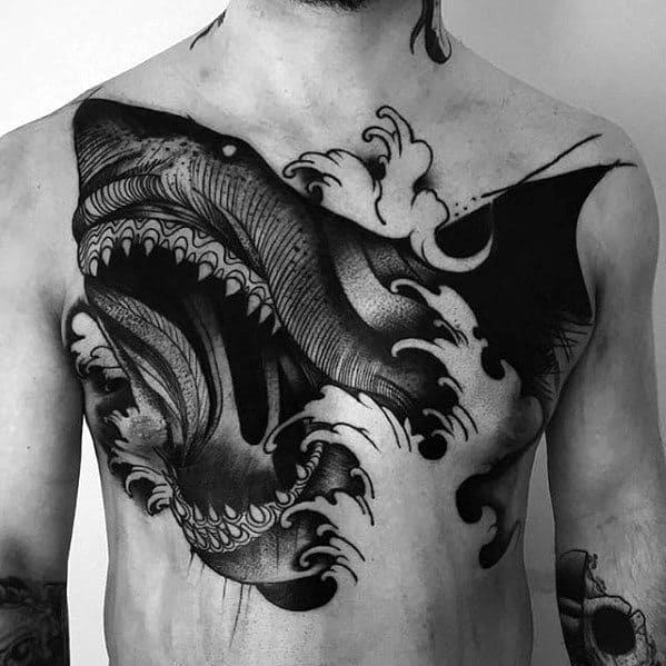 Masculine Epic Shark Chest Tattoos For Men