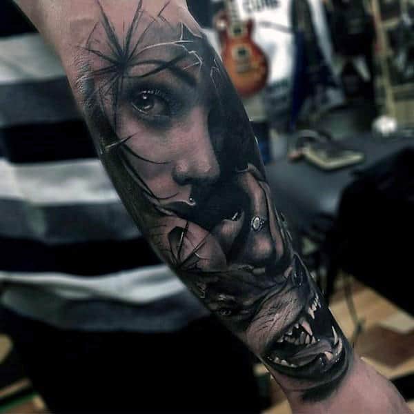 masculine-female-portrait-with-wolf-mens-forearm-sleeve-tattoo
