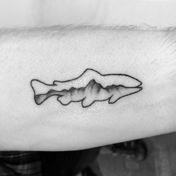 Masculine Fish Outline With Mountains Forearm Quarter Sized Tattoos For Men