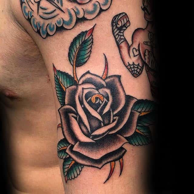 Masculine Floral Black Rose Old School Guys Arm Tattoos