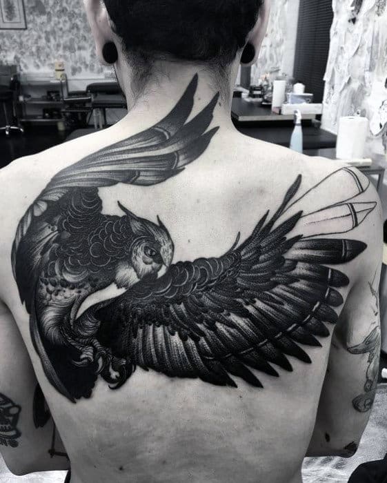 Masculine Flying Black Ink Owl Back Tattoo Ideas For Men
