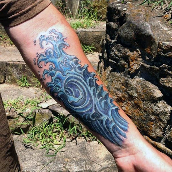 Masculine Forearm Ocean Water Waves Tattoo For Guys