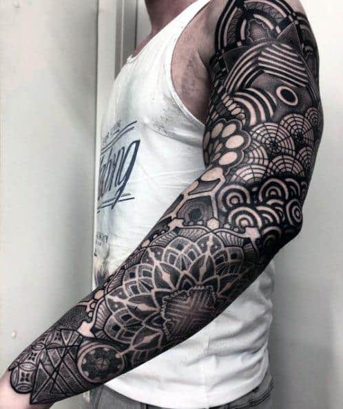 Masculine Full Arm Geometric Shapes All Black Ink Sleeve Tattoos