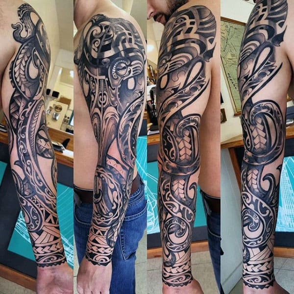 Masculine Full Sleeve Guys Arm Tribal Tattoos
