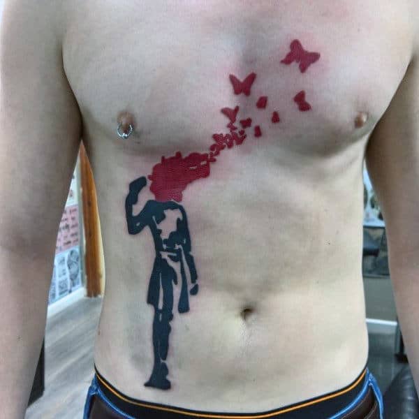 Masculine Guys Banksy Chest And Stomach Tattoos