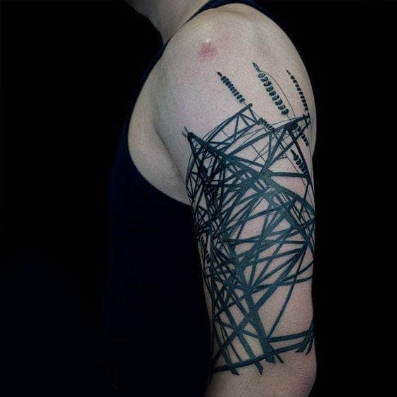 Masculine Guys Black Ink Powerline Tower Lineman Arm Tattoo