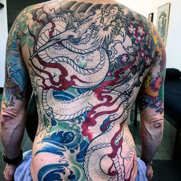 Masculine Guys Dragon Back Tattoo With Ocean Waves Design