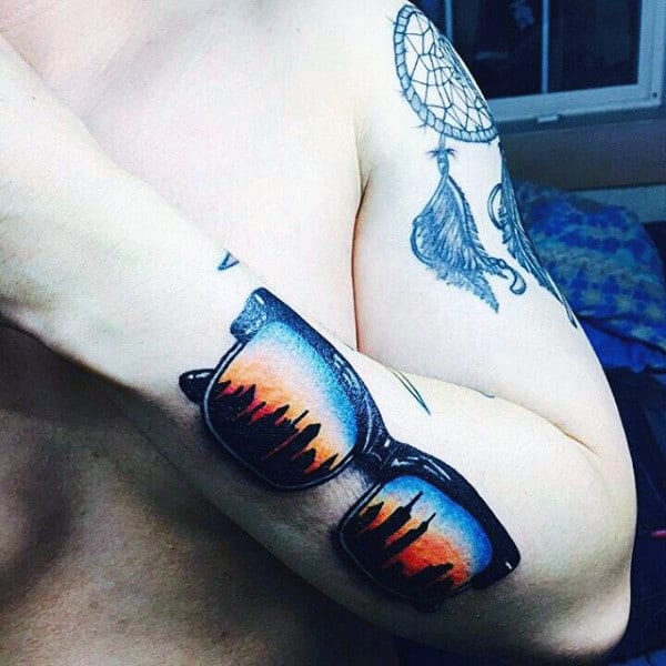 Masculine Guys Glasses Sunset Tattoo On Outer Forearm
