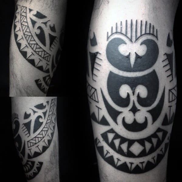 Masculine Guys Hawaiian Tribal Owl Leg Calf Tattoo