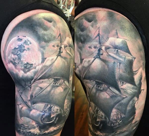 Masculine Guys Nautical Upper Arm Ship And Moon Tattoo