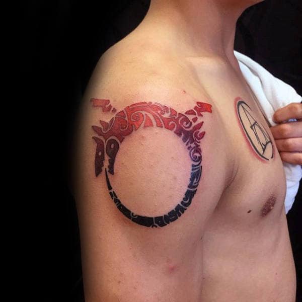 Masculine Guys Ouroboros Red And Black Ink Upper Arm Tattoos