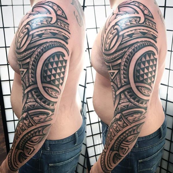 Masculine Guys Polynesian Arm Tattoo Sleeve Ideas