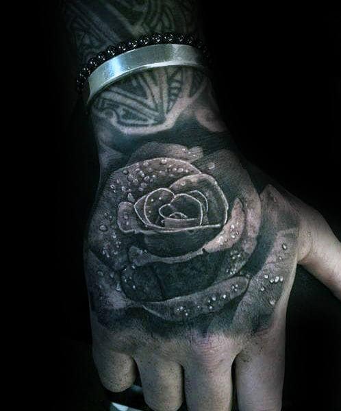 Masculine Guys Realistic Shaded Rose Flower Hand Tattoos