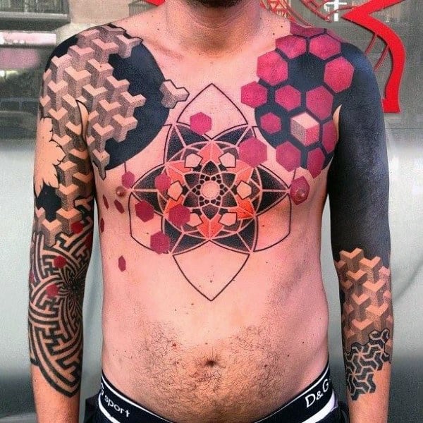 Masculine Guys Red Ink Chest Tattoo With Geometric Design