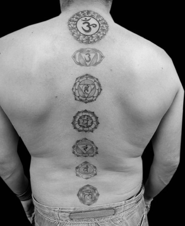 Masculine Guys Spine Tattoo Of Chakras Design