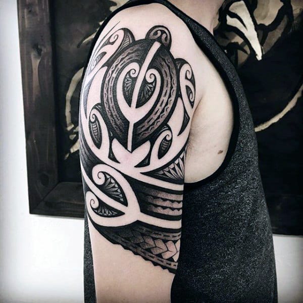 Masculine Guys Tribal Turtle Half Sleeve Tattoo Design Ideas