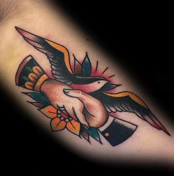 Masculine Handshake Sparrow Arm Tattoos For Men
