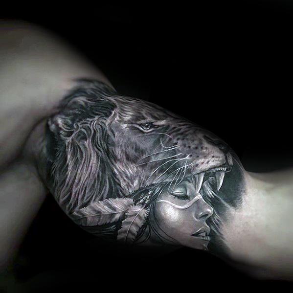 Masculine Incredible Female With Lion Head Tattoos For Men Inner Arm Bicep