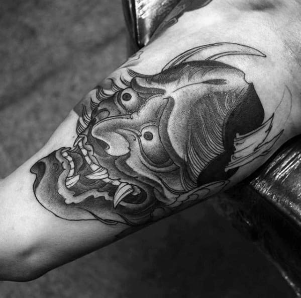 Masculine Inner Arm Bicep Male Japanese Tattoo Of Demon Mask