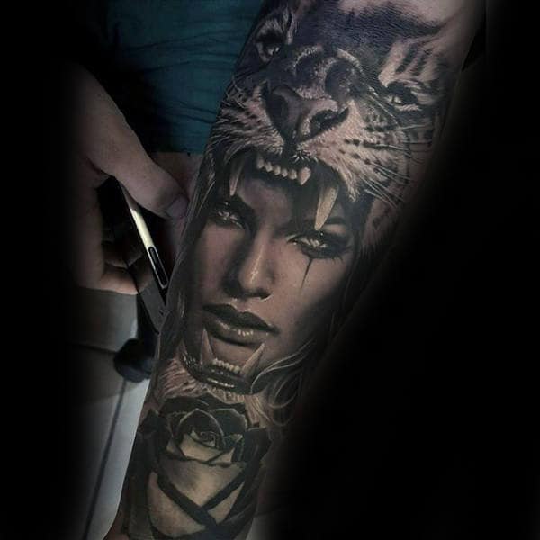Masculine Inner Forearm Mens Female Portrait With Tiger Tattoo